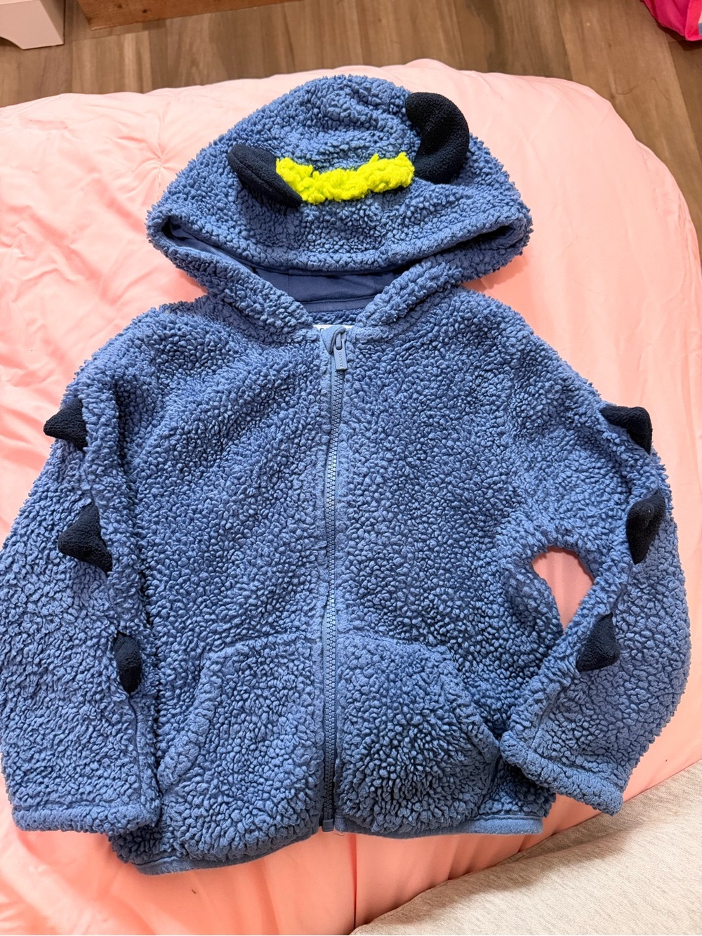 Old Navy Blue Sherpa Hoodie with Black Spikes and Yellow Accent